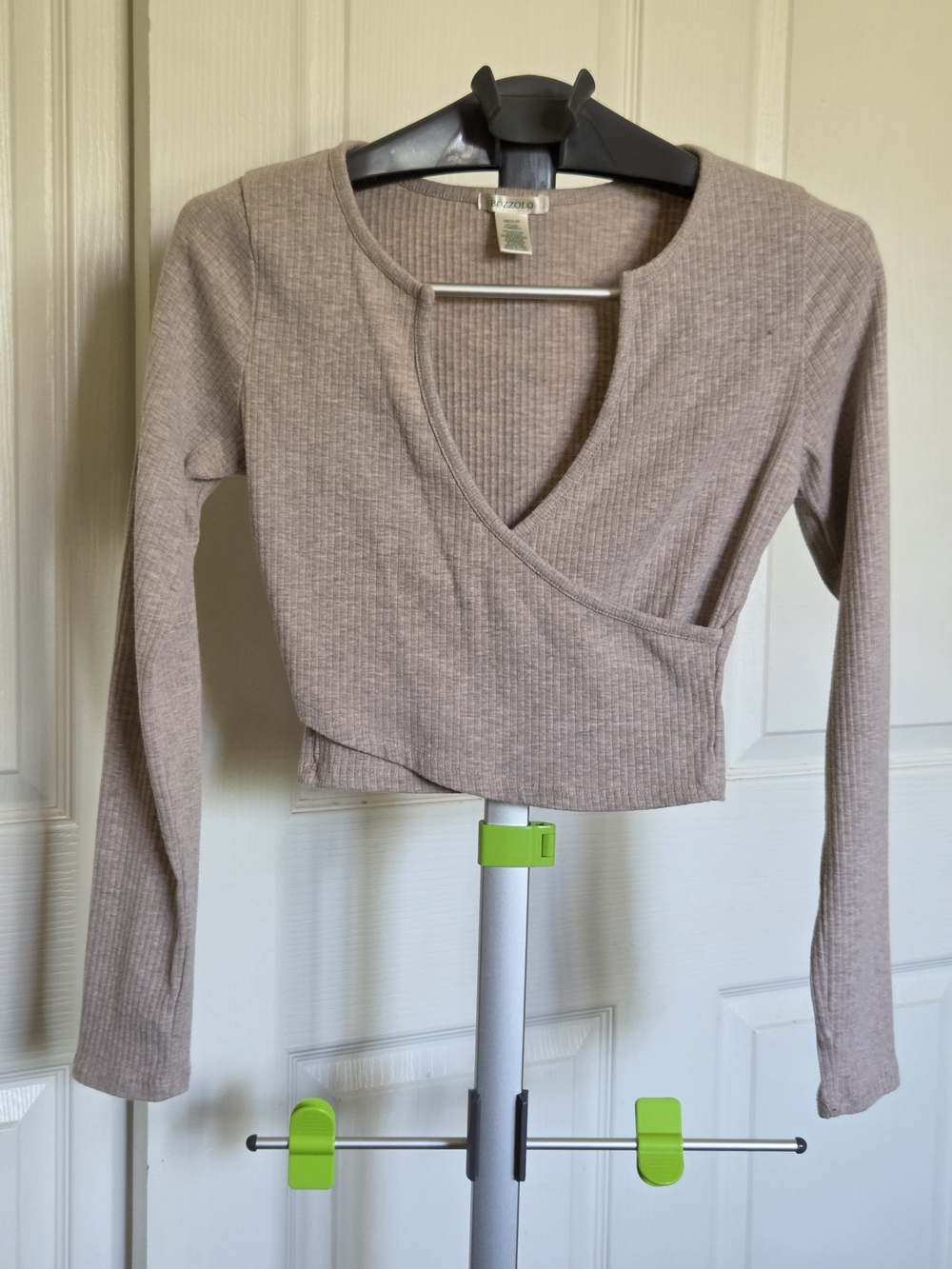Clean Girl Oatmeal/Beige Long Sleeve Ribbed Fixed-Wrap Crop Top